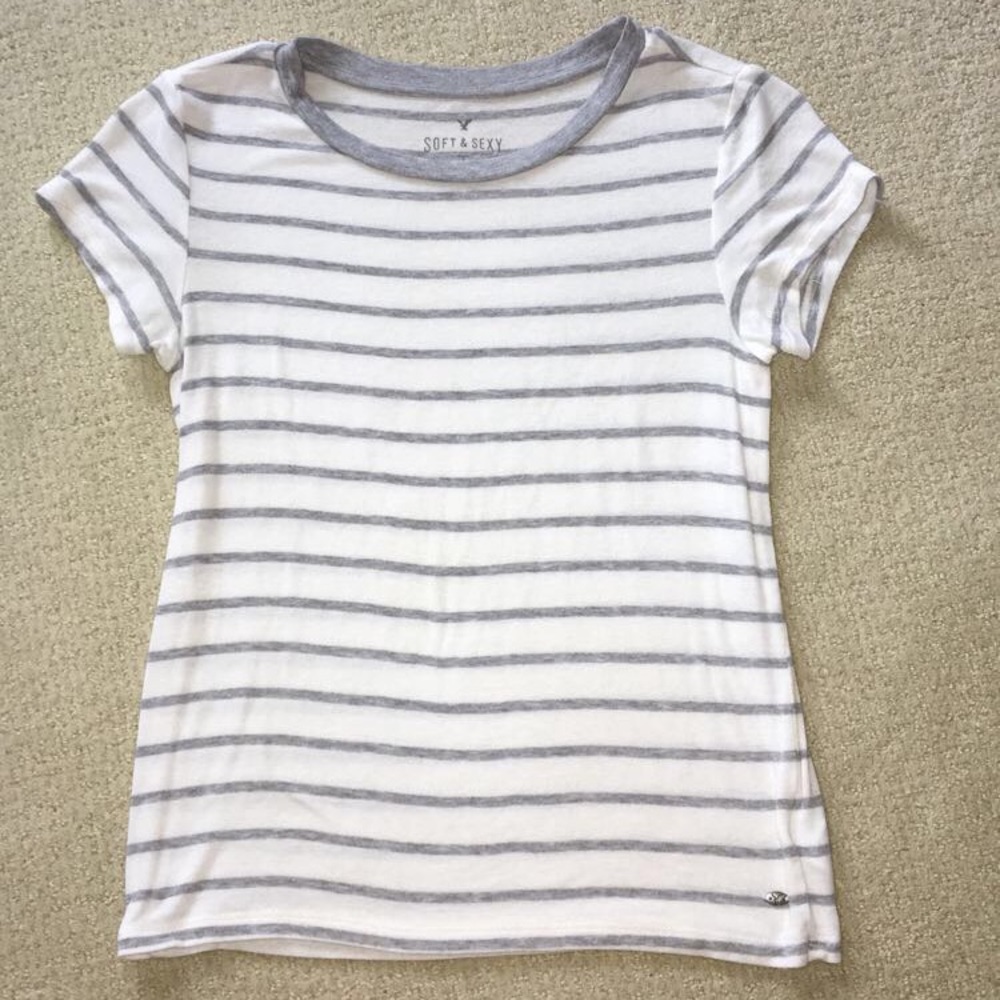 American Eagle Soft & Sexy Gray Striped Ringer Tee